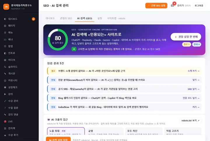 AI 검색(GEO) 점수 80점 — 점검 결과와 고칠 것